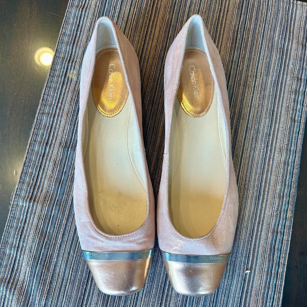 Calvin Klein Rose Gold Leather and Metallic Cap Toe Ballet Flats Size 10